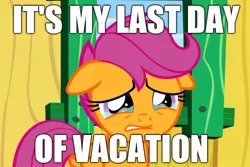 Size: 724x485 | Tagged: safe, derpibooru import, edit, edited screencap, editor:rainbow eevee, screencap, scootaloo, pegasus, pony, the last crusade, caption, crying, female, filly, floppy ears, folded wings, image macro, meme, sad, solo, text, vacation, wings