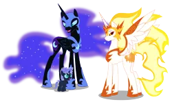 Size: 3687x2194 | Tagged: safe, artist:somashield, derpibooru import, daybreaker, nightmare moon, oc, oc:stardust tutor, alicorn, pony, unicorn, alicorn oc, aunt and nephew, colt, digital art, ethereal mane, female, filly, helmet, hoof shoes, horn, male, mane of fire, mother and child, mother and son, offspring, parent:nightmare moon, peytral, simple background, size difference, slit pupils, starry mane, transparent background, trio, wings