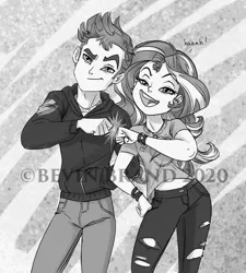 Size: 2048x2274 | Tagged: safe, artist:bevin brand, deleted from derpibooru, derpibooru import, flash sentry, sunset shimmer, fanfic:empathy for the devil, equestria girls, clothes, dialogue, fanfic art, female, fist bump, grayscale, image, jeans, jpeg, male, monochrome, obtrusive watermark, official fan art, pants, ripped pants, watermark