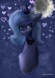 Size: 654x930 | Tagged: safe, artist:constanta-bucharei, derpibooru import, princess luna, alicorn, pony, are, bust, heart, looking at you, moon, solo