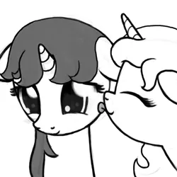 Size: 800x800 | Tagged: safe, artist:nimaru, derpibooru import, oc, oc:crystal quarry, oc:heartsong, unofficial characters only, pony, unicorn, female, floppy ears, licking, mare, monochrome, tongue out