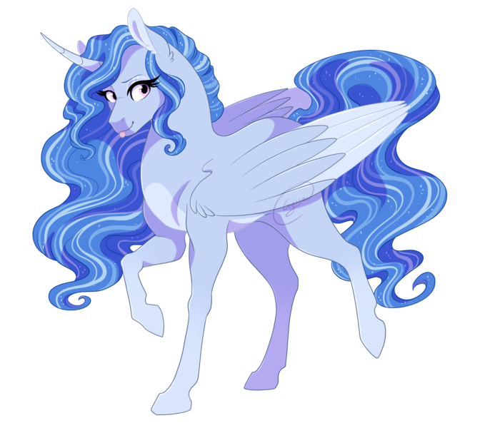 Size: 2340x2068 | Tagged: safe, artist:gigason, derpibooru import, oc, unofficial characters only, alicorn, pony, alicorn oc, curved horn, female, high res, horn, magical lesbian spawn, mare, offspring, parent:princess luna, parent:trixie, parents:luxie, simple background, solo, tongue out, transparent background, two toned wings, wings