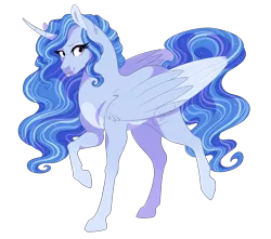 Size: 2340x2068 | Tagged: safe, artist:gigason, derpibooru import, oc, unofficial characters only, alicorn, pony, alicorn oc, curved horn, female, high res, horn, magical lesbian spawn, mare, offspring, parent:princess luna, parent:trixie, parents:luxie, simple background, solo, tongue out, transparent background, two toned wings, wings