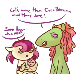 Size: 815x780 | Tagged: safe, artist:kiwigoat-art, derpibooru import, roseluck, tree hugger, oc, oc:coco blossom, oc:mary jane, earth pony, pegasus, pony, baby, baby pony, crack ship offspring, crack shipping, joke, magical lesbian spawn, newborn, offspring, parent:roseluck, parent:tree hugger, shipping, simple background, solo, there's a joke in here somewhere, transparent background