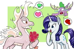 Size: 1800x1200 | Tagged: safe, artist:redahfuhrerking, derpibooru import, rarity, spike, dragon, hybrid, longma, pony, them's fightin' herds, background character, bouquet, community related, flower, jealous, mane of fire, this will end in a fight, this will not end well, winged spike