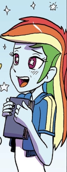 Size: 266x683 | Tagged: safe, artist:pencils, derpibooru import, idw, rainbow dash, equestria girls, spoiler:comic, spoiler:comicequestriagirlsmarchradness, book, cropped, fangirling, solo, starry eyes, wingding eyes