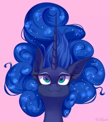 Size: 4000x4497 | Tagged: safe, artist:jun1313, derpibooru import, princess luna, pony, absurd resolution, bust, cute, digital art, ear fluff, ethereal mane, female, lunabetes, mare, pink background, portrait, simple background, smiling, solo, starry mane