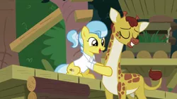 Size: 1920x1080 | Tagged: safe, derpibooru import, screencap, clementine, doctor fauna, earth pony, giraffe, pony, she talks to angel, clothes, duo, eyes closed, female, mare, ponytail, shirt, smiling