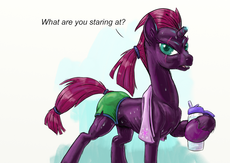 Size: 2000x1414 | Tagged: safe, artist:capt_hairball, derpibooru import, fizzlepop berrytwist, tempest shadow, pony, unicorn, butt, clothes, glare, implied shipping, implied tempestlight, looking at you, partial nudity, ponytail, shorts, sweat, topless, towel, water bottle, workout outfit