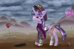 Size: 1280x854 | Tagged: semi-grimdark, artist:moskowizki, derpibooru import, mean twilight sparkle, alicorn, pony, fallout equestria, amputee, canterlot, eyepatch, female, mare, pipbuck, prosthetic limb, prosthetics, solo, wasteland