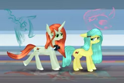 Size: 1280x854 | Tagged: safe, artist:moskowizki, derpibooru import, crackle cosette, ocellus, queen chrysalis, changeling, earth pony, camera, disguise, disguised changeling, duo, female, pony ocellus