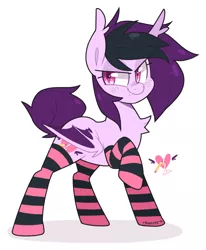 Size: 868x1052 | Tagged: safe, artist:pixelyte, derpibooru import, oc, oc:spiral swirl, unofficial characters only, bat pony, clothes, female, mare, simple background, socks, solo, striped socks, white background