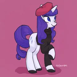 Size: 700x700 | Tagged: safe, artist:nodambol, derpibooru import, rarity, pony, unicorn, sweet and elite, beatnik rarity, beret, clothes, cute, female, hat, mare, purple background, raribetes, shoes, simple background, solo, sweater