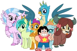 Size: 1095x730 | Tagged: safe, artist:cheezedoodle96, derpibooru import, edit, gallus, ocellus, sandbar, silverstream, smolder, yona, changedling, changeling, classical hippogriff, dragon, earth pony, gryphon, hippogriff, human, pony, yak, :p, bow, clothes, cloven hooves, crossover, cute, diaocelles, diastreamies, dragoness, female, gallabetes, grin, hair bow, jewelry, looking at you, male, monkey swings, necklace, sandabetes, simple background, smiling, smiling at you, smolderbetes, steven quartz universe, steven universe, student six, teenager, tongue out, transparent background, yonadorable