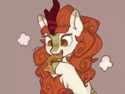 Size: 1600x1200 | Tagged: artist:nodambol, autumn blaze, awwtumn blaze, bust, cute, derpibooru import, eating, female, fish, gray background, kirin, open mouth, safe, simple background, solo, taiyaki