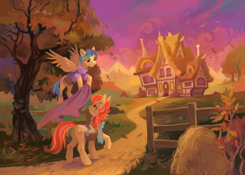 Size: 3626x2598 | Tagged: safe, artist:dearmary, derpibooru import, aunt holiday, auntie lofty, earth pony, pegasus, pony, the last crusade, duo, female, fence, high res, house, looking at each other, mare, quilt