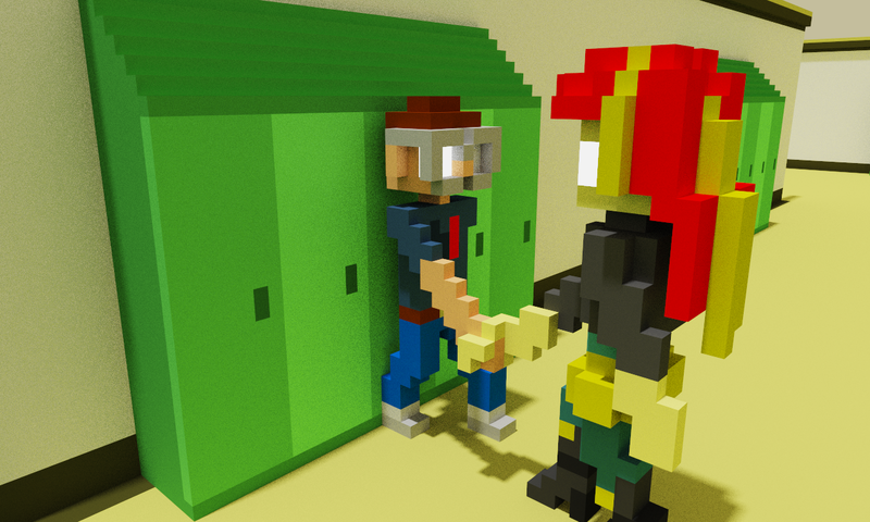 Size: 1280x768 | Tagged: safe, artist:derek the metagamer, derpibooru import, sunset shimmer, oc, oc:darry ruth, equestria girls, canterlot high, glasses, glowing eyes, lockers, magicavoxel, memory spell, spell, voxel art