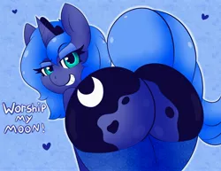 Size: 3500x2695 | Tagged: suggestive, artist:pegamutt, derpibooru import, princess luna, alicorn, pony, ass worship, butt, clothes, grin, looking at you, looking back, looking back at you, moonbutt, plot, praise the moon, rear view, s1 luna, smiling, smug, socks, solo, text, the ass was fat, thigh highs