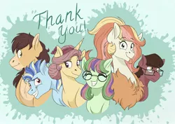 Size: 2024x1437 | Tagged: safe, artist:pastel-charms, derpibooru import, oc, oc:champion, oc:harmonic chord, oc:lucky horseshoe, oc:pansy everfree, oc:rock candy, oc:sonata glazed, unofficial characters only, draconequus, earth pony, hybrid, pegasus, pony, unicorn, female, glasses, interspecies offspring, male, mare, offspring, parent:applejack, parent:cheese sandwich, parent:discord, parent:donut joe, parent:fluttershy, parent:pinkie pie, parent:rainbow dash, parent:rarity, parent:soarin', parent:troubleshoes clyde, parent:twilight sparkle, parents:cheesepie, parents:discoshy, parents:rarijoe, parents:soarindash, parents:troublejack, stallion