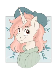 Size: 1536x2048 | Tagged: safe, artist:pastel-charms, derpibooru import, oc, oc:pastel charms, unofficial characters only, pony, unicorn, beret, bust, clothes, female, hat, mare, portrait, simple background, solo, sweater, transparent background