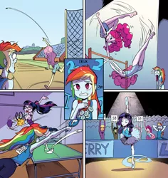 Size: 1834x1941 | Tagged: safe, artist:pencils, derpibooru import, idw, cranky doodle donkey, fluttershy, ms. harshwhinny, pinkie pie, rainbow dash, rarity, sci-twi, twilight sparkle, equestria girls, spoiler:comic, spoiler:comicequestriagirlsmarchradness, armpits, ass, ballerina, ballet, ballet slippers, barefoot, bulging eyes, butt, clothes, discus throw, feet, gymnastics, jaw drop, leotard, medal, ping pong, ping pong table, rainbow dash is best facemaker, second place, shorts, silver medal, skirt, splits, sports shorts, tutu, tutus