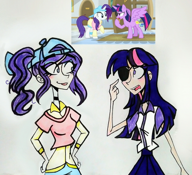 Size: 2555x2332 | Tagged: alicorn, alternate hairstyle, artist:citi, derpibooru import, disguise, eyepatch, eyepatch (disguise), friendship university, human, humanized, plainity, rarity, safe, scene interpretation, screencap, screencap reference, skinny, traditional art, twilight sparkle, twilight sparkle (alicorn)