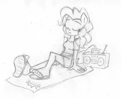 Size: 1179x968 | Tagged: anthro, artist:dertikleen, beach towel, black and white, boombox, derpibooru import, eyes closed, feet, fetish, flip-flops, foot fetish, foot tapping, grayscale, heel pop, monochrome, pinkie pie, plantigrade anthro, safe, sandals, sitting, solo, tapping, toes, traditional art
