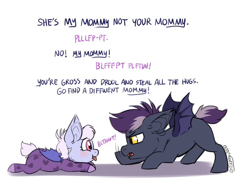 Size: 1250x950 | Tagged: safe, artist:its-gloomy, derpibooru import, oc, oc:lavender, oc:nox, unofficial characters only, bat pony, pony, :p, clothes, cute, footed sleeper, onesie, pajamas, sibling rivalry, tongue out