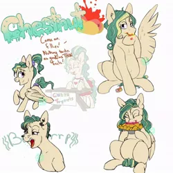 Size: 1024x1024 | Tagged: safe, artist:farewelldecency, deleted from derpibooru, derpibooru import, oc, oc:chestnut, unofficial characters only, pegasus, pony, burp, chubby, ear piercing, eating, female, filly, food, magical gay spawn, offspring, parent:trenderhoof, parent:zephyr breeze, parents:trenderbreeze, piercing, reference sheet