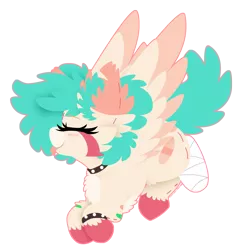 Size: 1476x1518 | Tagged: safe, artist:vanillaswirl6, derpibooru import, oc, oc:gumi (rigbythememe), unofficial characters only, pegasus, pony, amputee, bandage, bracelet, collar, commission, eyes closed, flying, jewelry, simple background, tongue out, transparent background