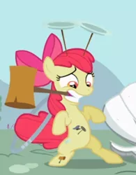 Size: 367x470 | Tagged: apple bloom, bipedal, cropped, cutie pox, derpibooru import, hammer, loop-de-hoop, plate spinning, safe, screencap, solo, teeth, the cutie pox