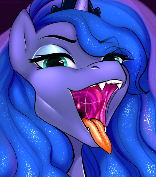 Size: 3000x3400 | Tagged: suggestive, artist:peachlee, derpibooru import, princess luna, alicorn, pony, drool, drool string, esophagus, eyebrows, eyelashes, fangs, female, gullet, high res, horn, imminent vore, looking at you, lunapred, mawshot, open mouth, oral invitation, salivating, simple background, slimy, solo, taste buds, tongue out, uvula