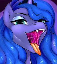 Size: 3000x3400 | Tagged: suggestive, artist:peachlee, derpibooru import, princess luna, alicorn, pony, drool, drool string, esophagus, eyebrows, eyelashes, fangs, female, gullet, high res, horn, imminent vore, looking at you, lunapred, mawshot, open mouth, oral invitation, salivating, simple background, slimy, solo, taste buds, tongue out, uvula