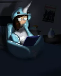 Size: 1024x1280 | Tagged: safe, artist:helixjack, derpibooru import, oc, oc:skizzy, unofficial characters only, human, unicorn, bed, clothes, computer, costume, female, glasses, horn, humanized, kigurumi, laptop computer, latex, latex suit, pony costume, poster, sitting