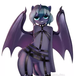 Size: 2254x2233 | Tagged: suggestive, artist:marichan29, derpibooru import, oc, oc:elizabat stormfeather, unofficial characters only, alicorn, bat pony, bat pony alicorn, pony, alicorn oc, bat pony oc, bat wings, bedroom eyes, bipedal, choker, commission, female, femsub, grin, harness, horn, mare, simple background, smiling, solo, solo female, spiked choker, submissive, tack, white background, wings, ych result