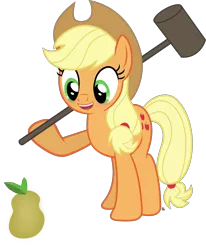 Size: 2221x2694 | Tagged: safe, artist:anime-equestria, derpibooru import, applejack, earth pony, applejack's hat, blushing, cowboy hat, cute, female, food, hammer, happy, hat, mare, pear, ponytail, simple background, sledgehammer, solo, that pony sure does hate pears, this will not end well, transparent background, vector