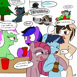 Size: 2000x2000 | Tagged: suggestive, artist:angryburger, derpibooru import, pinkie pie, oc, oc:ginger, oc:lazerblues, oc:minty, oc:rhythm frame, oc:rosa, oc:trigger puller, oc:whimsy whisky, earth pony, pony, unicorn, alcohol, beer, christmas party, drunk, drunkie pie, hiding, pinkamena diane pie, root beer, sober
