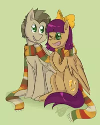 Size: 802x1000 | Tagged: safe, artist:sketchy_fox, derpibooru import, oc, oc:lauren juice, pegasus, pony, bow, clothes, female, hair bow, male, mare, oc x oc, one eye closed, open mouth, pegasus oc, scarf, shared clothing, shared scarf, shipping, simple background, sitting, smiling, stallion, wings, wink