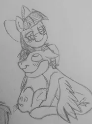 Size: 765x1024 | Tagged: safe, artist:sketchy_fox, derpibooru import, oc, oc:lauren juice, unofficial characters only, pegasus, pony, blushing, bow, cuddling, female, glasses, hair bow, hug, lineart, male, mare, monochrome, oc x oc, pegasus oc, shipping, stallion, traditional art, wings