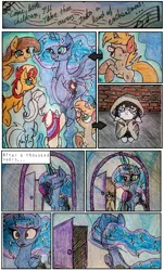 Size: 1124x1866 | Tagged: safe, artist:mysteriousshine, derpibooru import, moondancer, princess luna, sunset shimmer, trixie, alicorn, pegasus, pony, unicorn, comic:the children of the night, brush, cloak, clothes, comic, ethereal mane, female, filly, glowing horn, hairbrush, horn, levitation, magic, mare, reflection, starry mane, telekinesis, traditional art, wide eyes