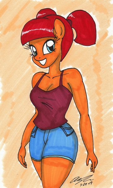 Size: 1426x2377 | Tagged: safe, artist:newyorkx3, derpibooru import, oc, oc:fin, unofficial characters only, anthro, earth pony, anthro oc, breasts, cleavage, clothes, female, mare, pigtails, shorts, smiling, tanktop, traditional art, wide hips