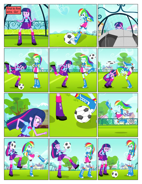 Size: 612x792 | Tagged: safe, artist:greatdinn, artist:newbiespud, derpibooru import, edit, edited screencap, screencap, rainbow dash, twilight sparkle, comic:friendship is dragons, equestria girls, equestria girls (movie), clothes, collaboration, comic, cutie mark, cutie mark on clothes, dialogue, eyes closed, female, football, grin, screencap comic, smiling, sports