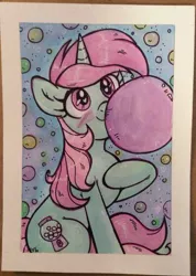 Size: 400x561 | Tagged: safe, artist:marybellamy, derpibooru import, minty bubblegum, unicorn, bubblegum, commission, female, food, gum, solo, traditional art, watercolor painting