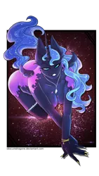 Size: 1024x1821 | Tagged: alicorn, ambiguous facial structure, anthro, artist:obscuredragone, bracelet, breasts, butt, clothes, cute, derpibooru import, ethereal mane, eye contact, eyeshadow, female, galaxy, glowing eyes, gold nails, horn, jewelry, kneeling, lingerie, looking at each other, looking at you, makeup, mane, mare, nail polish, nails, naughty, necklace, neon, nightmare moon, sensual, sexy, small wings, solo, starry mane, stars, stupid sexy nightmare moon, suggestive, tail, wings