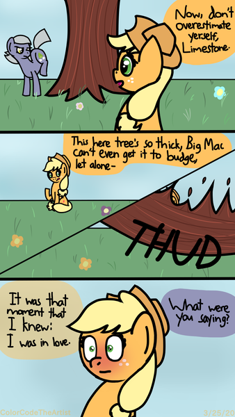 Size: 810x1440 | Tagged: applejack, applestone, artist:colorcodetheartist, blushing, bucking, comic, crack shipping, derpibooru import, dialogue, female, implied big macintosh, lesbian, limestone pie, offscreen character, safe, shipping