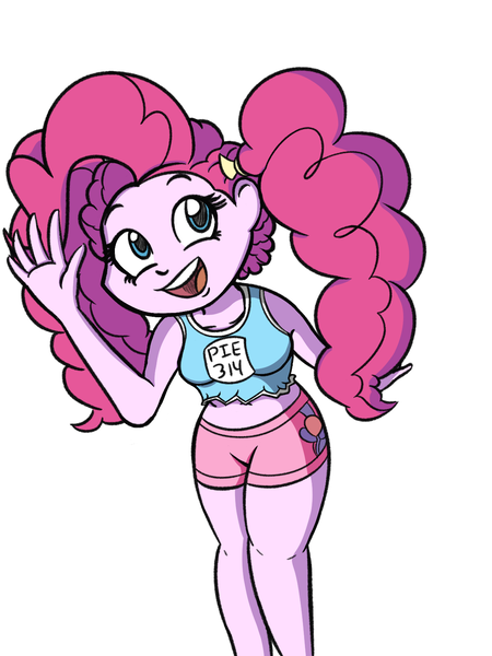 Size: 1200x1600 | Tagged: safe, artist:an_anon_artist, derpibooru import, idw, pinkie pie, equestria girls, spoiler:comic, spoiler:comicequestriagirlsmarchradness, alternate hairstyle, clothes, cute, diapinkes, midriff, pigtails, shorts, solo, sports bra, sports shorts