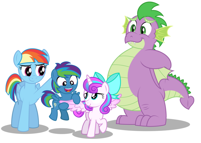 Size: 5625x4000 | Tagged: safe, artist:aleximusprime, derpibooru import, princess flurry heart, rainbow dash, spike, oc, oc:storm streak, alicorn, dragon, pegasus, pony, flurry heart's story, adult, adult spike, bow, chubby, chubby spike, colt, different hairstyle, fat, fat spike, female, first meeting, male, mother, offspring, older, older spike, parent:oc:thunderhead, parent:rainbow dash, parents:canon x oc, rainbow mom, simple background, son, transparent background, winged spike, wings