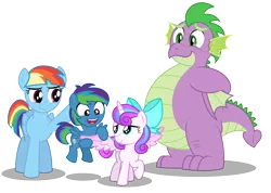 Size: 5625x4000 | Tagged: safe, artist:aleximusprime, derpibooru import, princess flurry heart, rainbow dash, spike, oc, oc:storm streak, alicorn, dragon, pegasus, pony, flurry heart's story, adult, adult spike, bow, chubby, chubby spike, colt, different hairstyle, fat, fat spike, female, first meeting, male, mother, offspring, older, older spike, parent:oc:thunderhead, parent:rainbow dash, parents:canon x oc, rainbow mom, simple background, son, transparent background, winged spike, wings