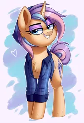Size: 1548x2253 | Tagged: safe, artist:thegamblehorse, deleted from derpibooru, derpibooru import, oc, oc:stardust medley, unofficial characters only, pony, unicorn, beanie, clothes, female, freckles, hat, mare, shirt, solo