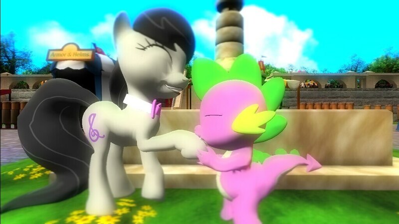 Size: 1024x575 | Tagged: safe, artist:undeadponysoldier, derpibooru import, octavia melody, spike, dragon, earth pony, pony, 3d, bowtie, collar, cute, female, fountain, gmod, happy, holding hoof, kissing, kissing hoof, male, mare, millenial fair, pleased, shipping, smiling, spiketavia, straight, tent